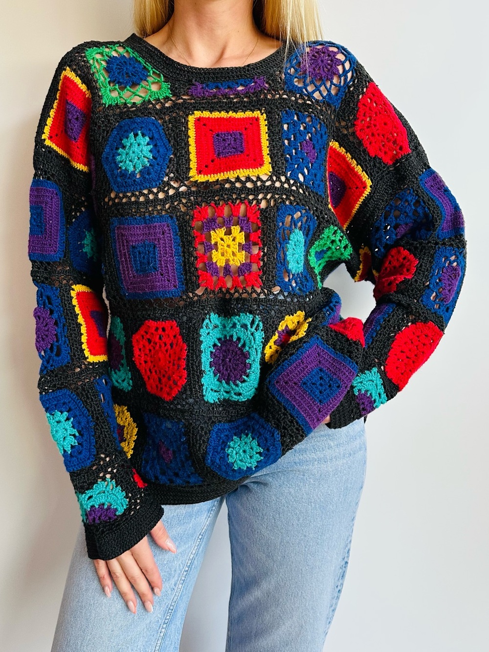 Vintage Chaus Sport Crochet Granny Square Multicolor Boho Knit Sweater Top
